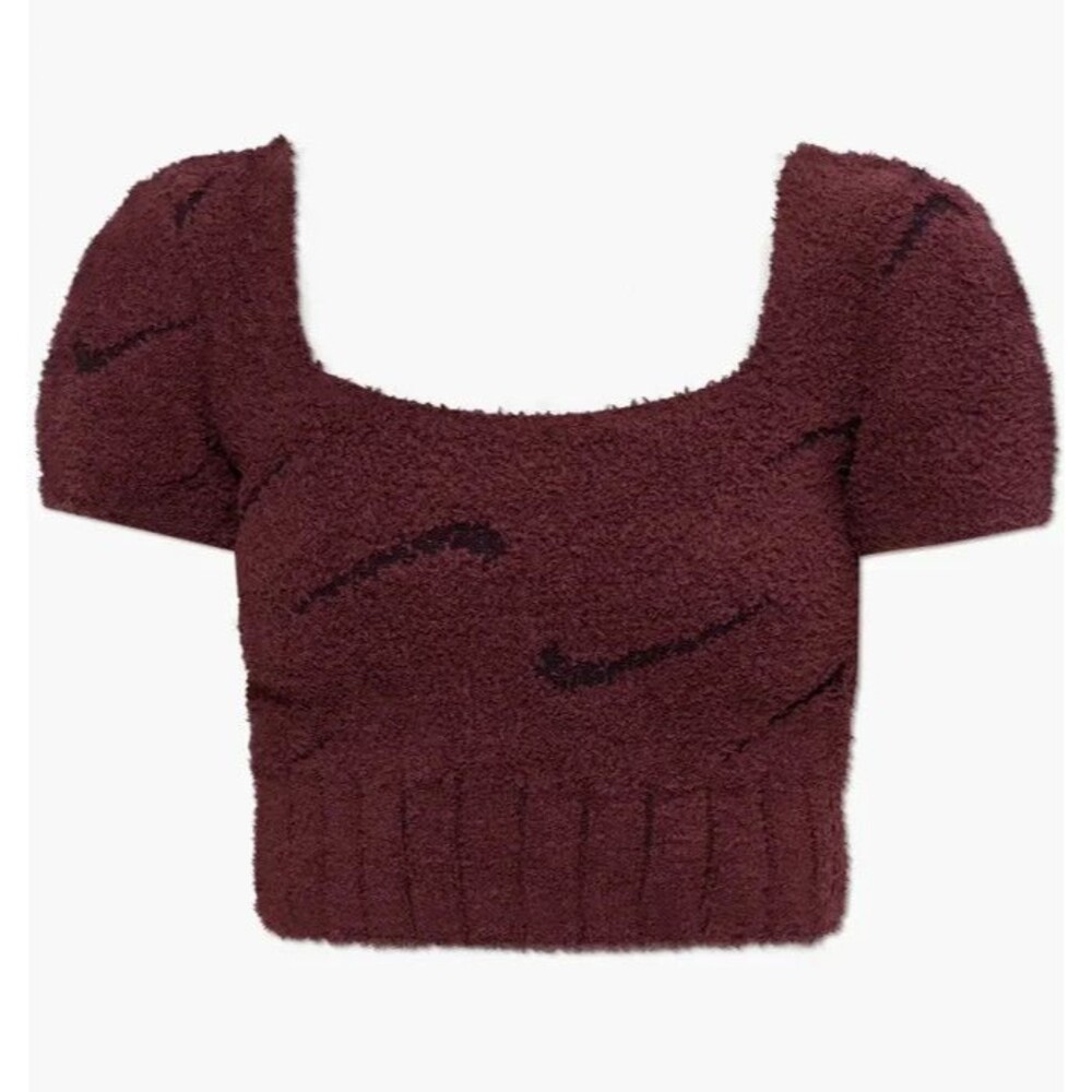 Nike Phoenix Cozy Knit Boucle Women Size Small Brown Swoosh Crop Top HV2770 NEW